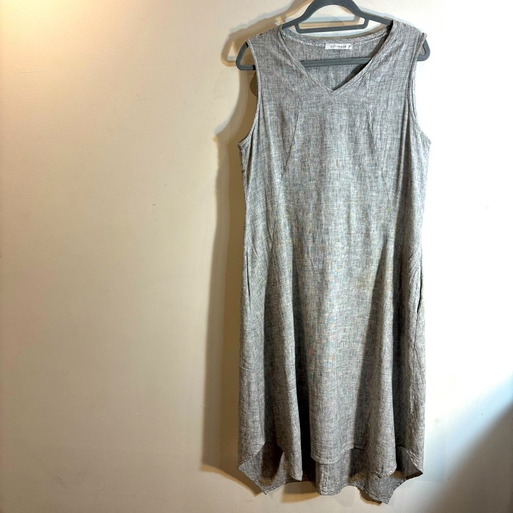 CUT LOOSE Sz M V-Neck Gray Asymmetrical Sleeveless Dress Linen Cotton Blend